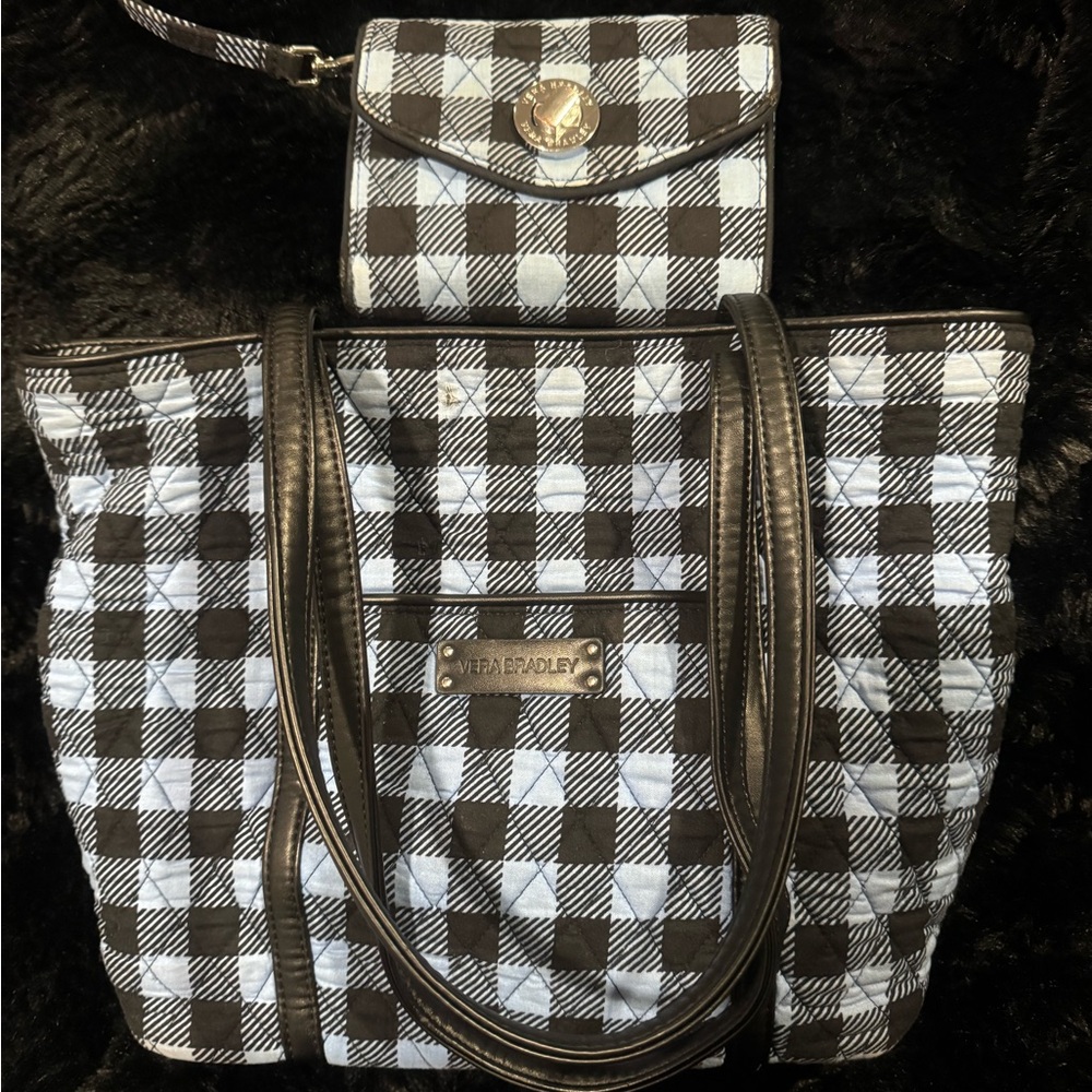Vera Bradley Black and Blue Checkered Women's tote Bag with matching wallet
